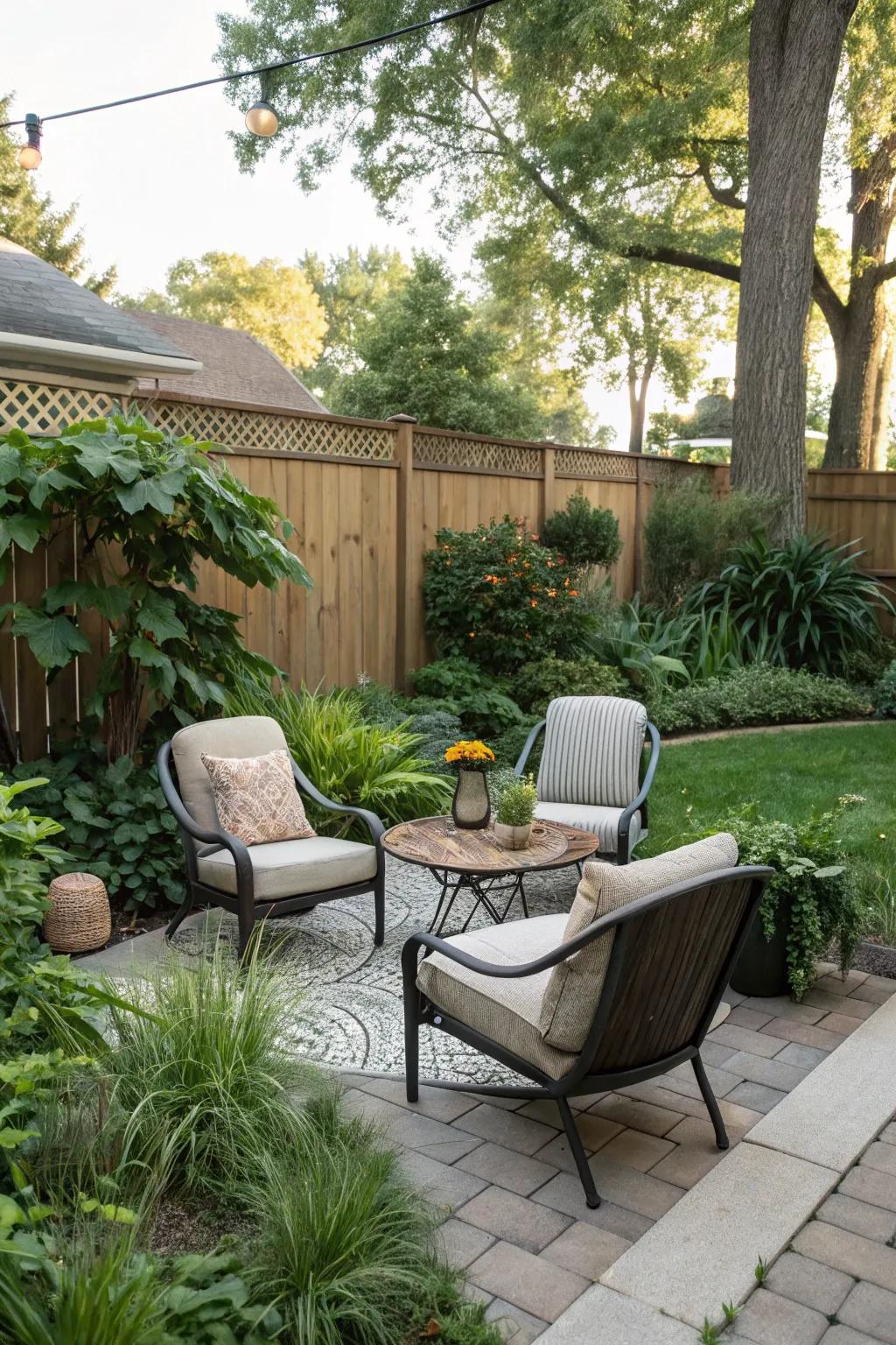 A comfortable seating area nestled among vibrant greenery.