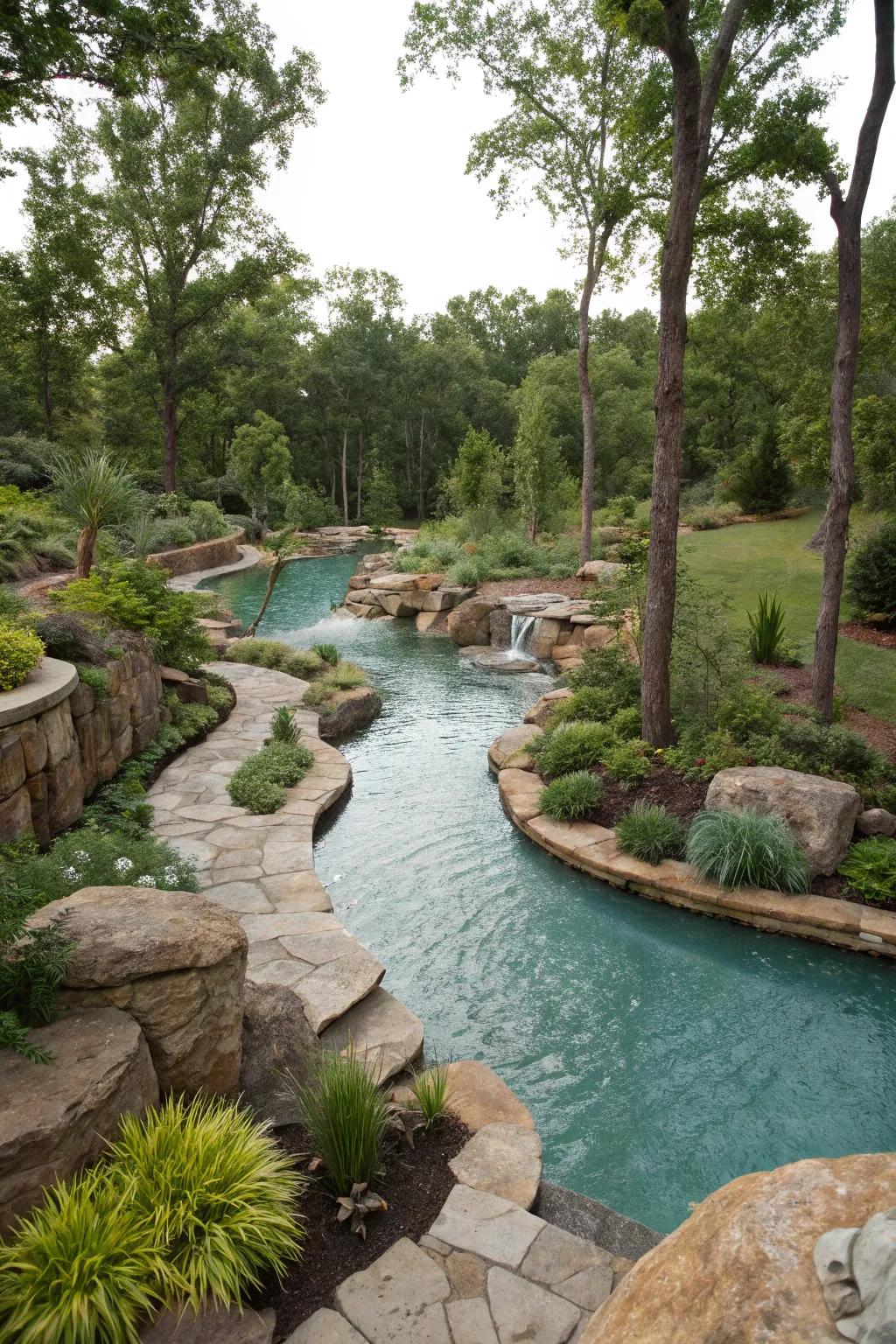 A lazy river pool harmoniously integrated with nature-inspired scenery.