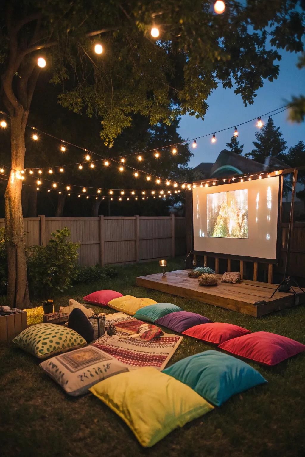 Vibrant floor cushions provide a relaxed and inviting seating solution for your open-air movie gathering.