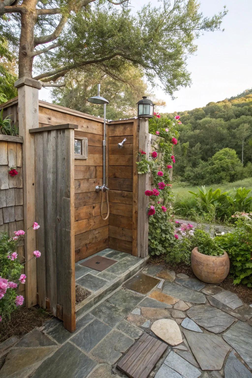 A countryside outdoor shower area with recycled timber walls and a stone surface.