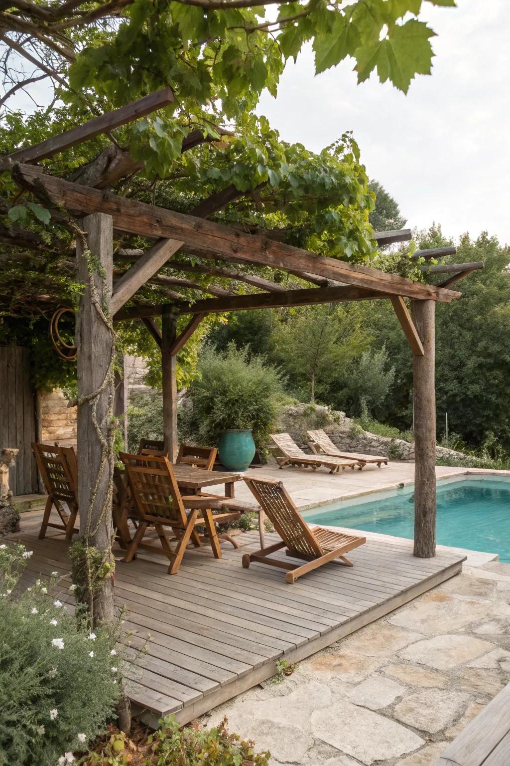 Country wooden pergola creates a delightful poolside ambiance.