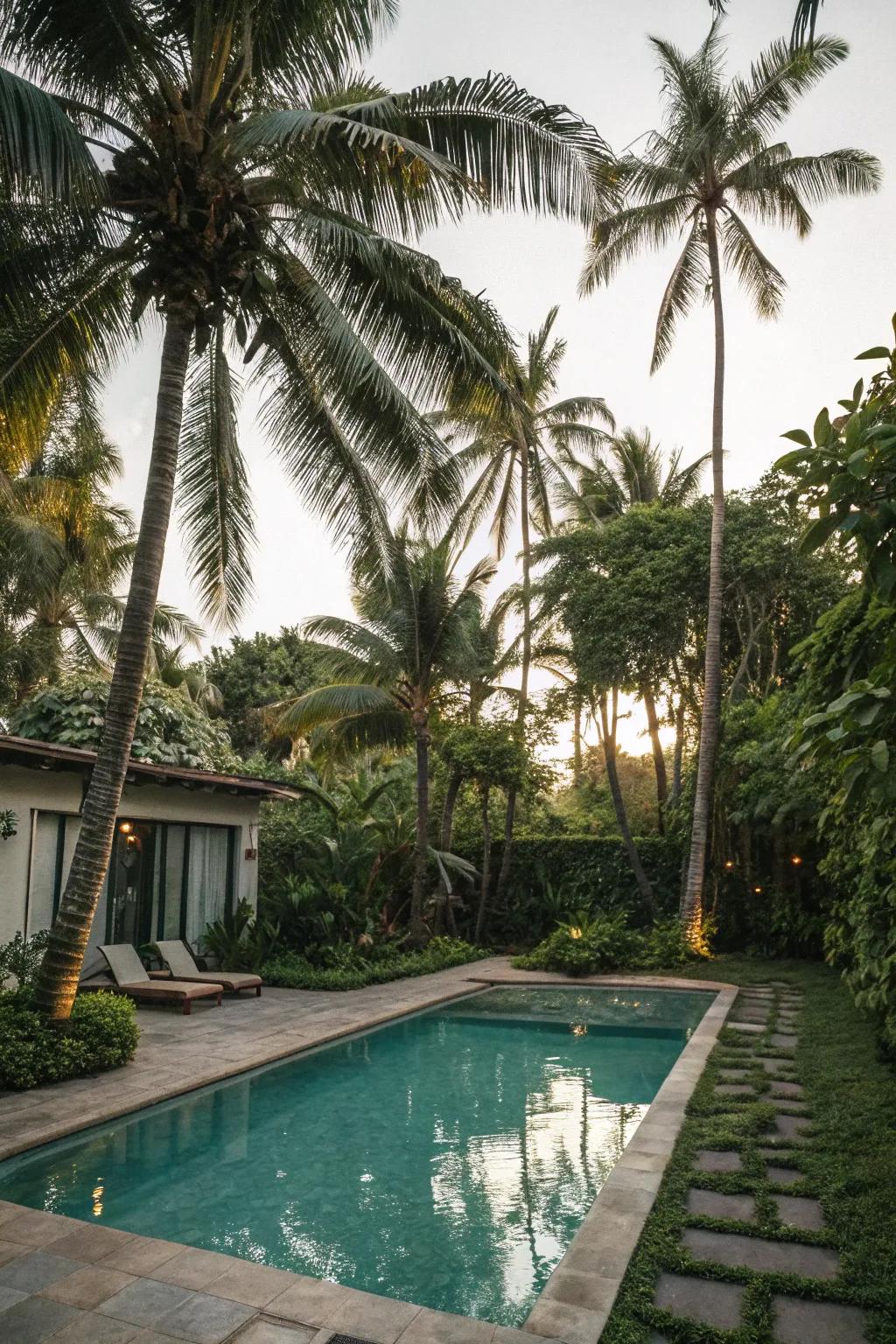 Tall palms create a tropical ambiance around this inviting pool.