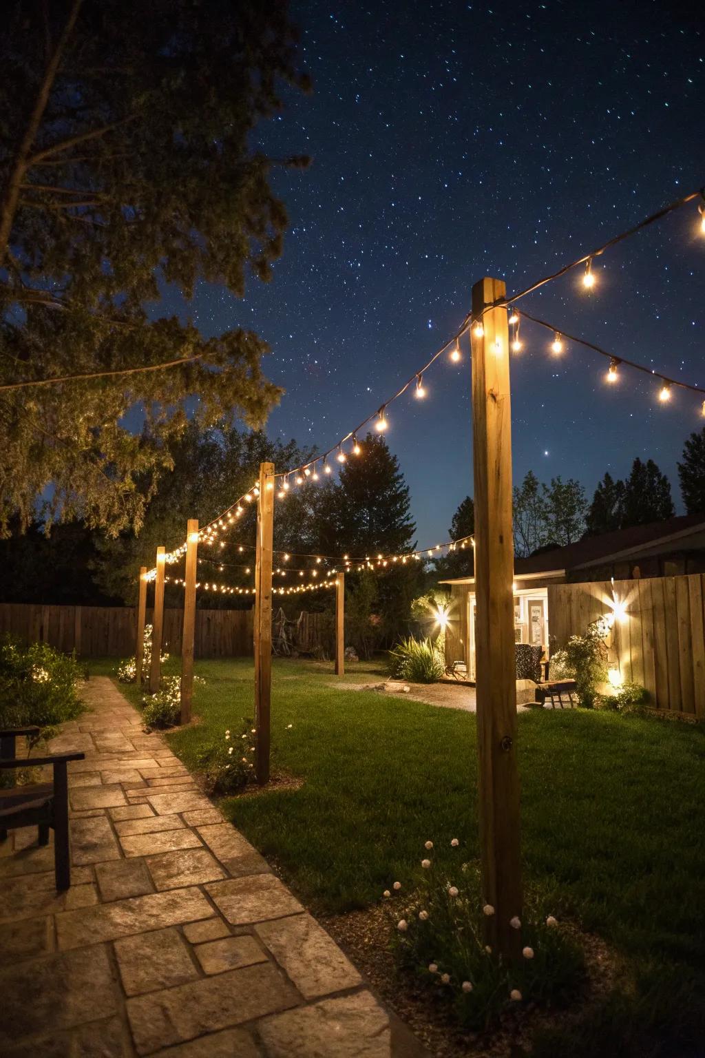 Bring a bit of magic with posts wrapped in string lights in your garden.