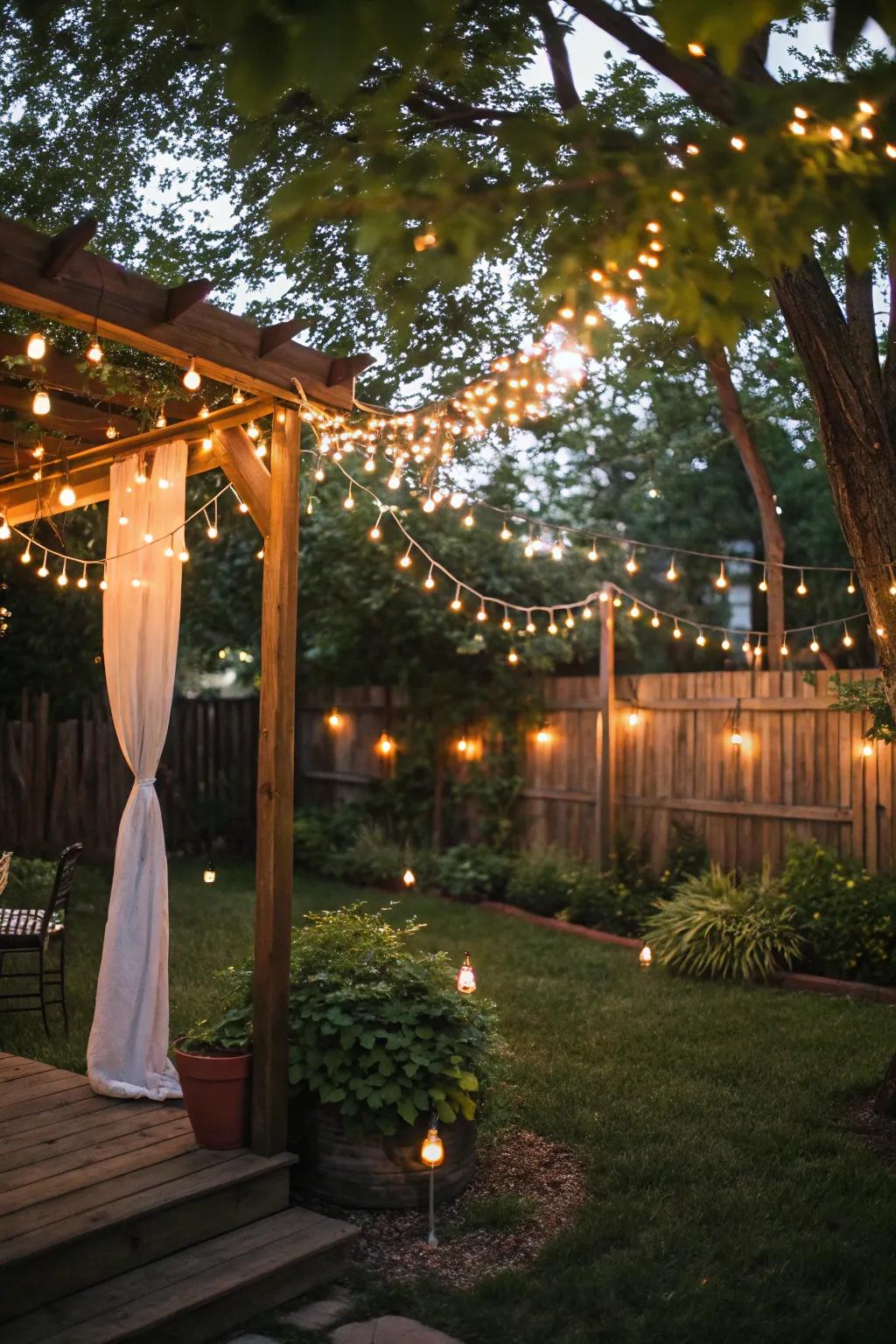 Fairy lights beautifully arranged in a backyard setting.