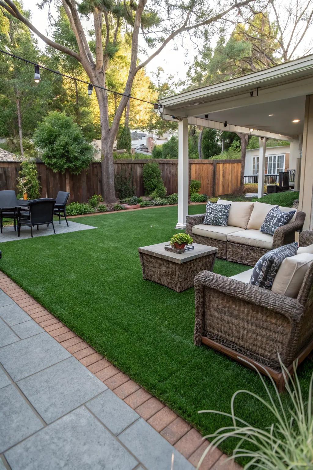 A patio seamlessly integrated with vibrant artificial turf.