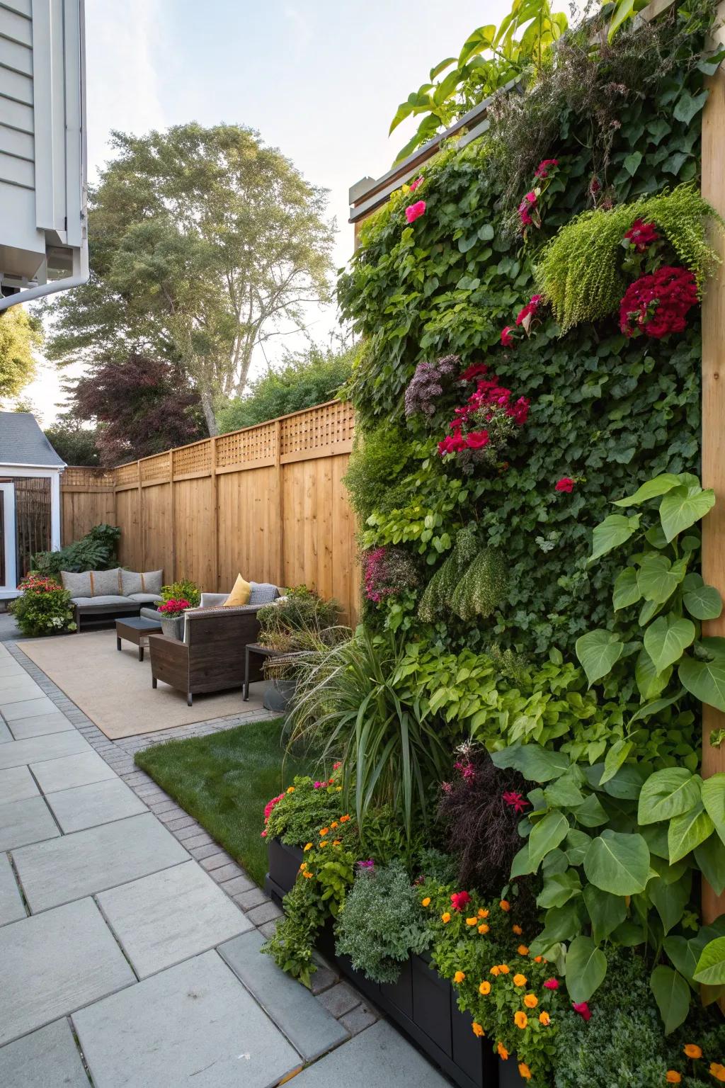 A green wall brings a sense of liveliness to any backyard.