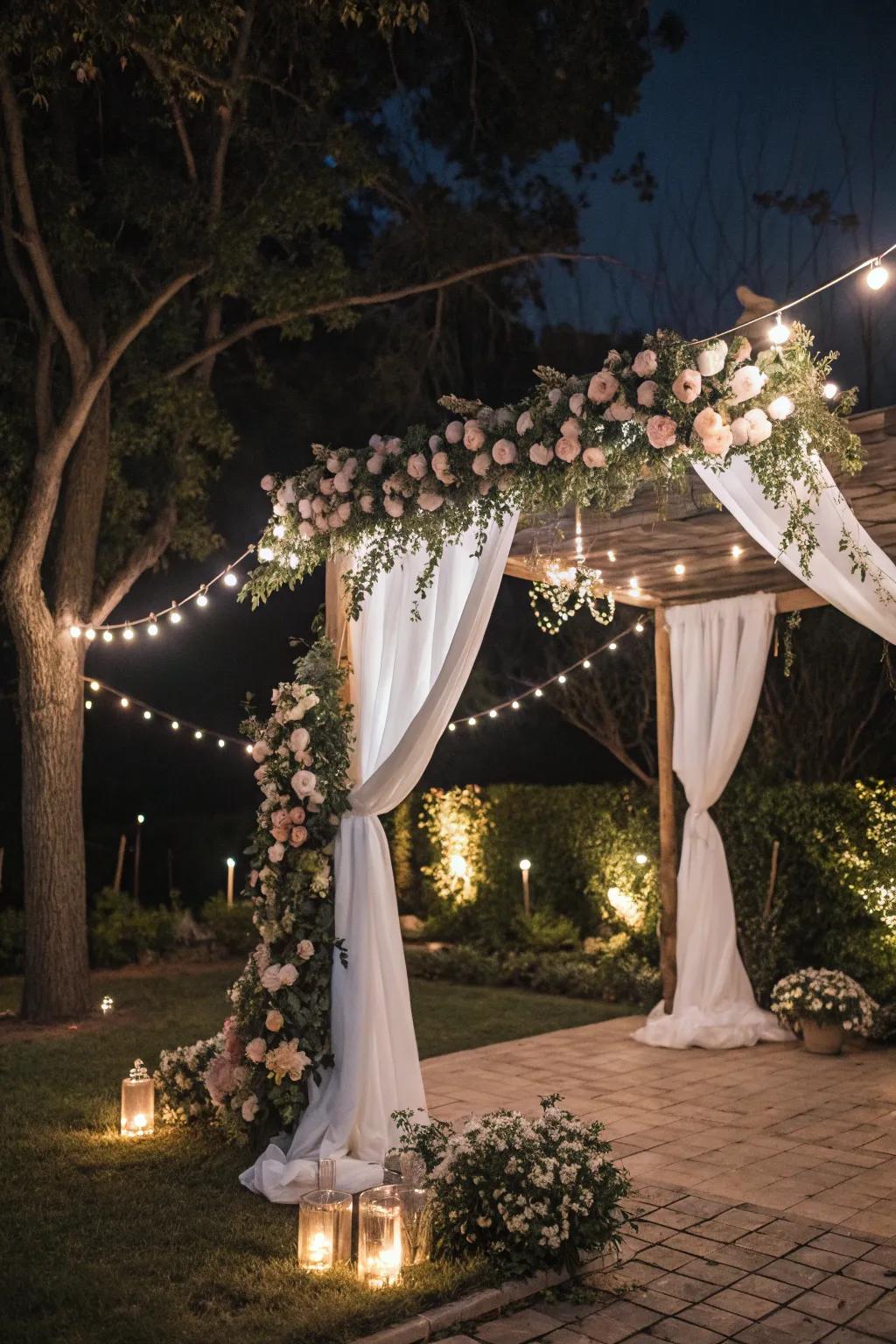 String lights fashion a romantic canopy, ideal for a backyard wedding under the stars.