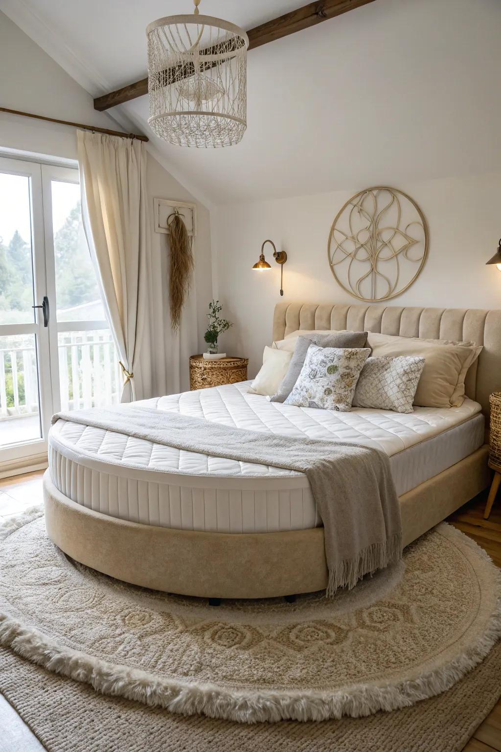 A bedroom featuring a circular bed frame with a rectangular mattress awkwardly positioned within it.