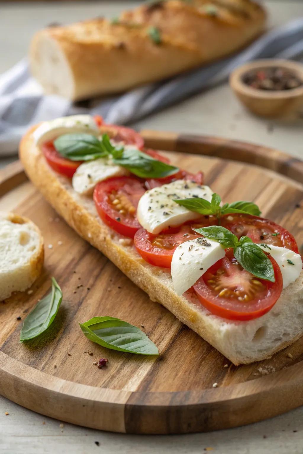 A classic Tomato Mozzarella French Loaf, overflowing with garden-fresh flavors.