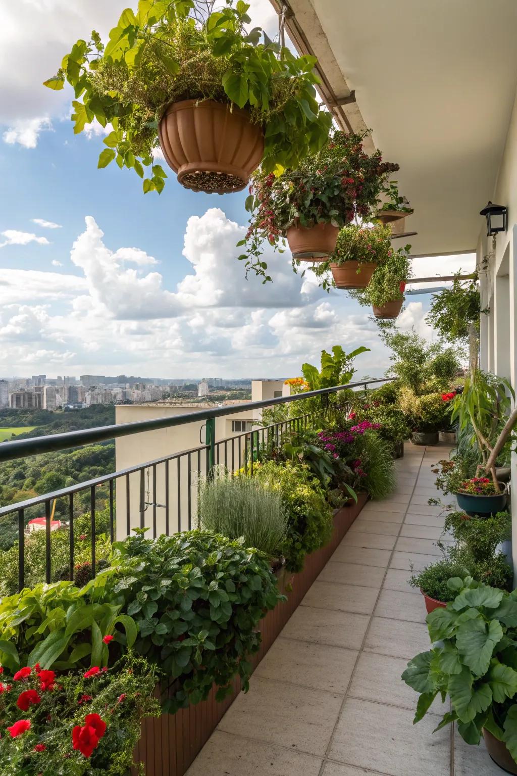 Transform your balcony into a verdant sanctuary with an assortment of potted and hanging flora.