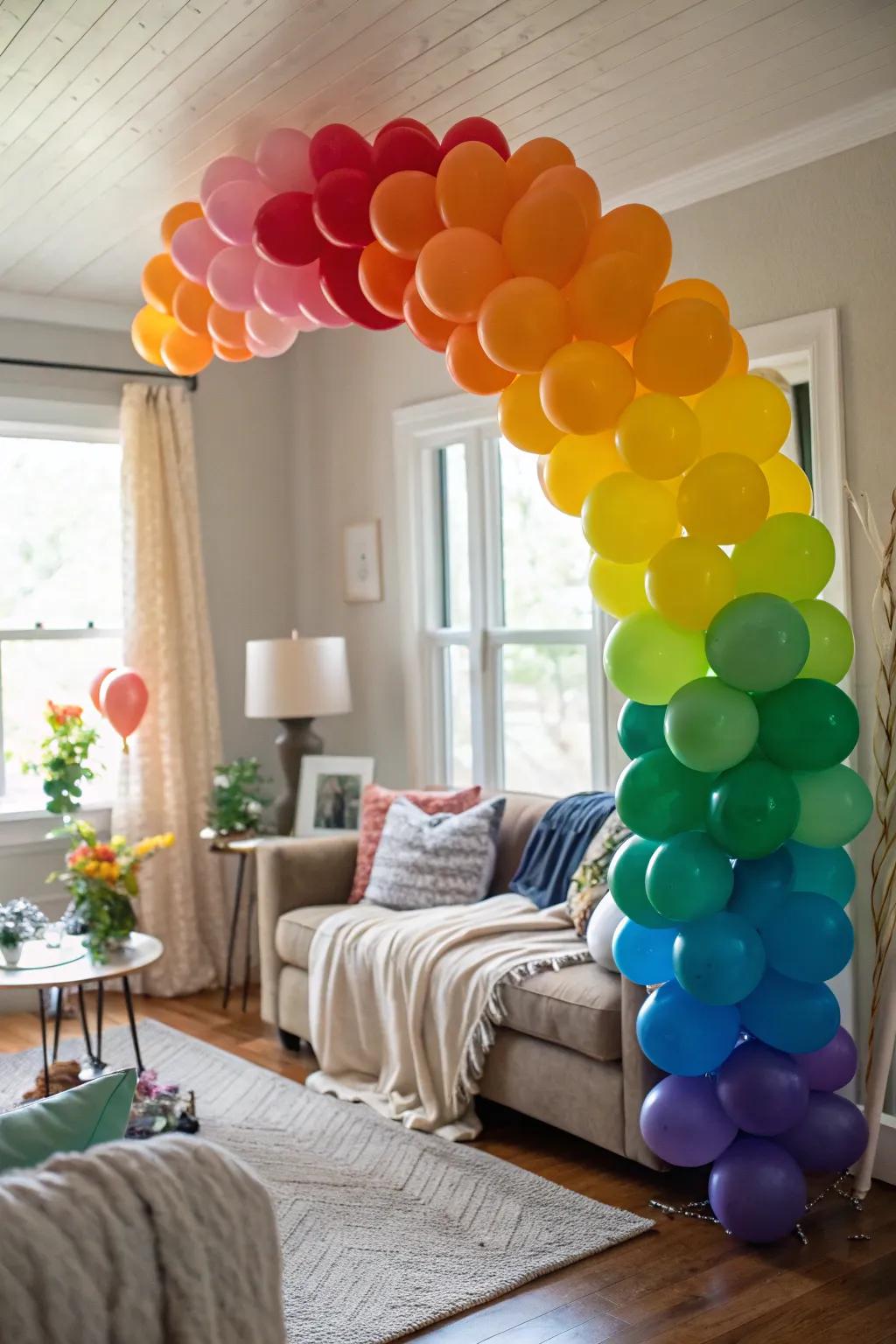 A bright, rainbow balloon display that adds a burst of color to any space.