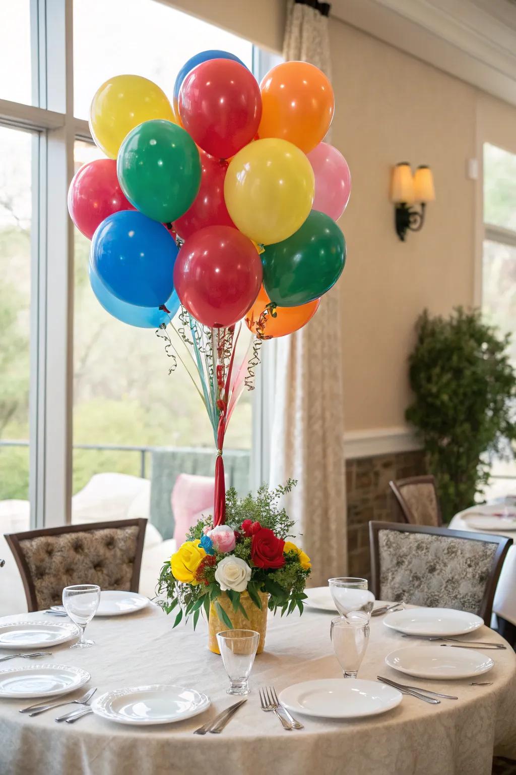 A vibrant balloon bouquet centerpiece injects energy into a dining table.
