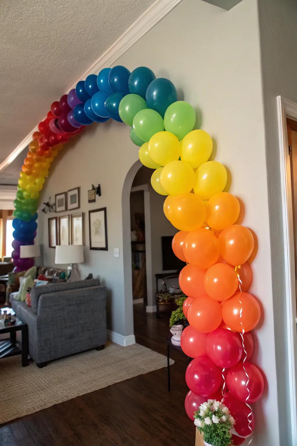 Rainbow balloon garland creates a joyful living space.