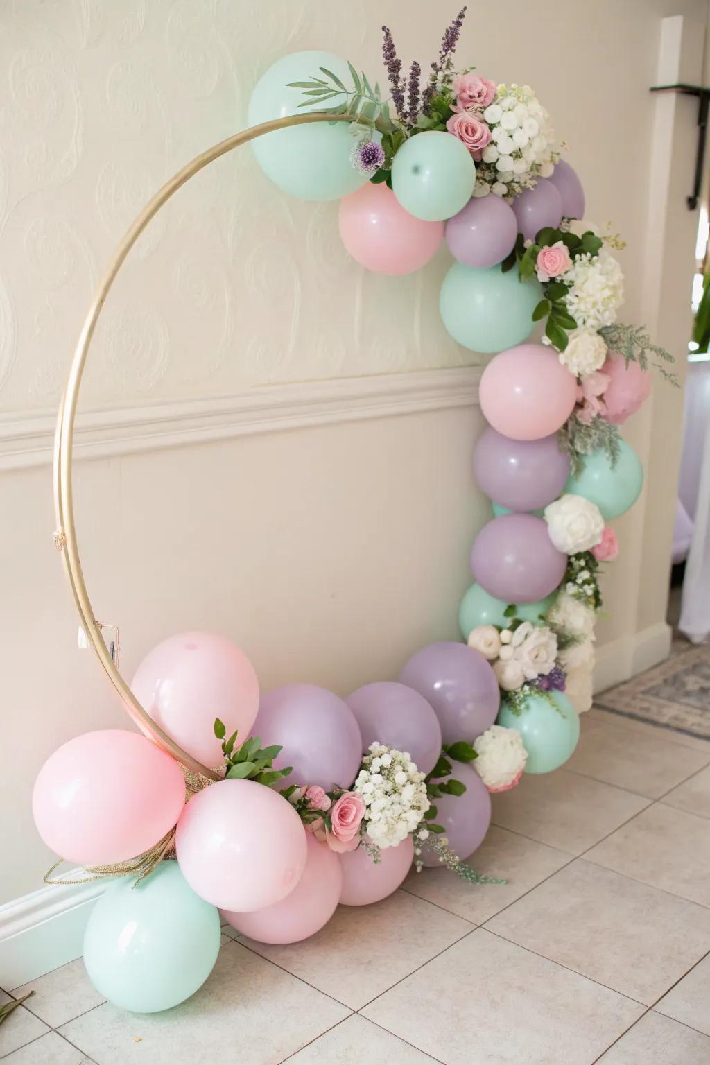 A pastel balloon hoop gently enhances any decor.