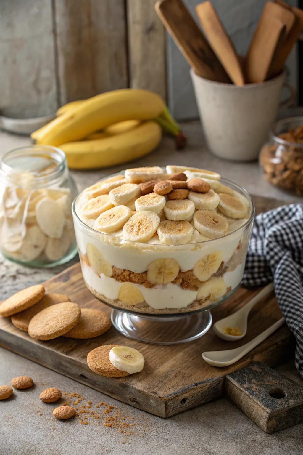 Layered banana pudding showcased in a trifle bowl, making it a stunning focal point for any event.