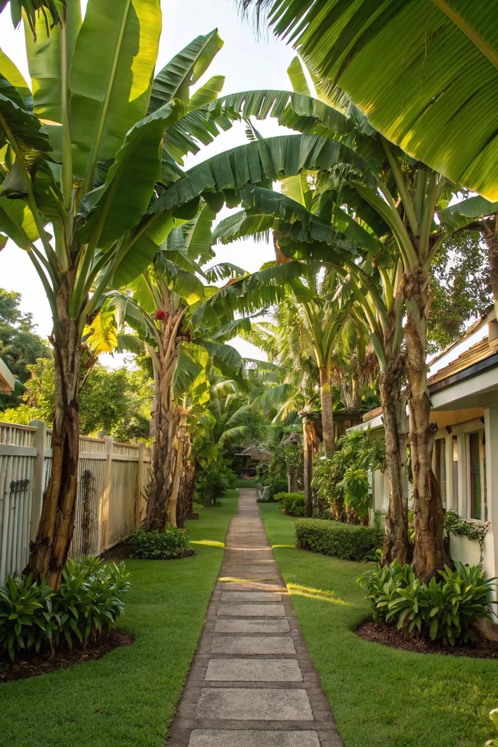 Create an impressive entrance with palms lining your garden pathway.