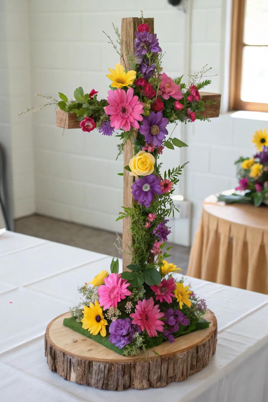 A floral cross creation serves as a striking and significant centerpiece.