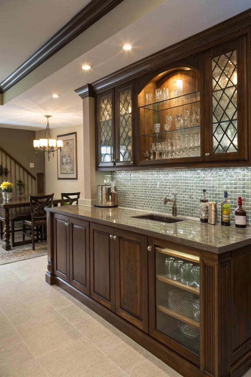 An elegant home bar featuring a radiant glass tile backsplash.