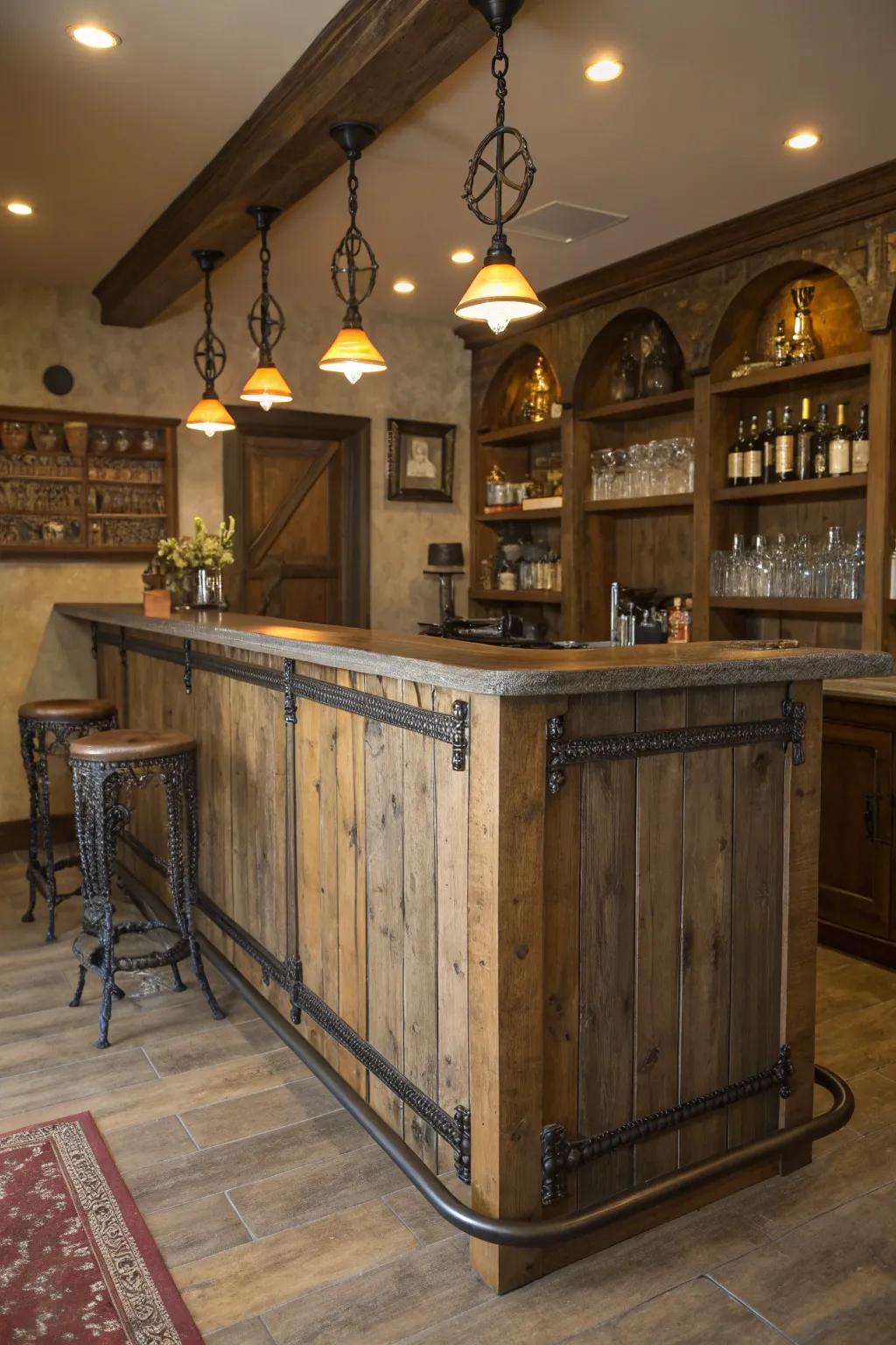 A rustic foot rail blending wood and iron for a cozy bar ambiance.