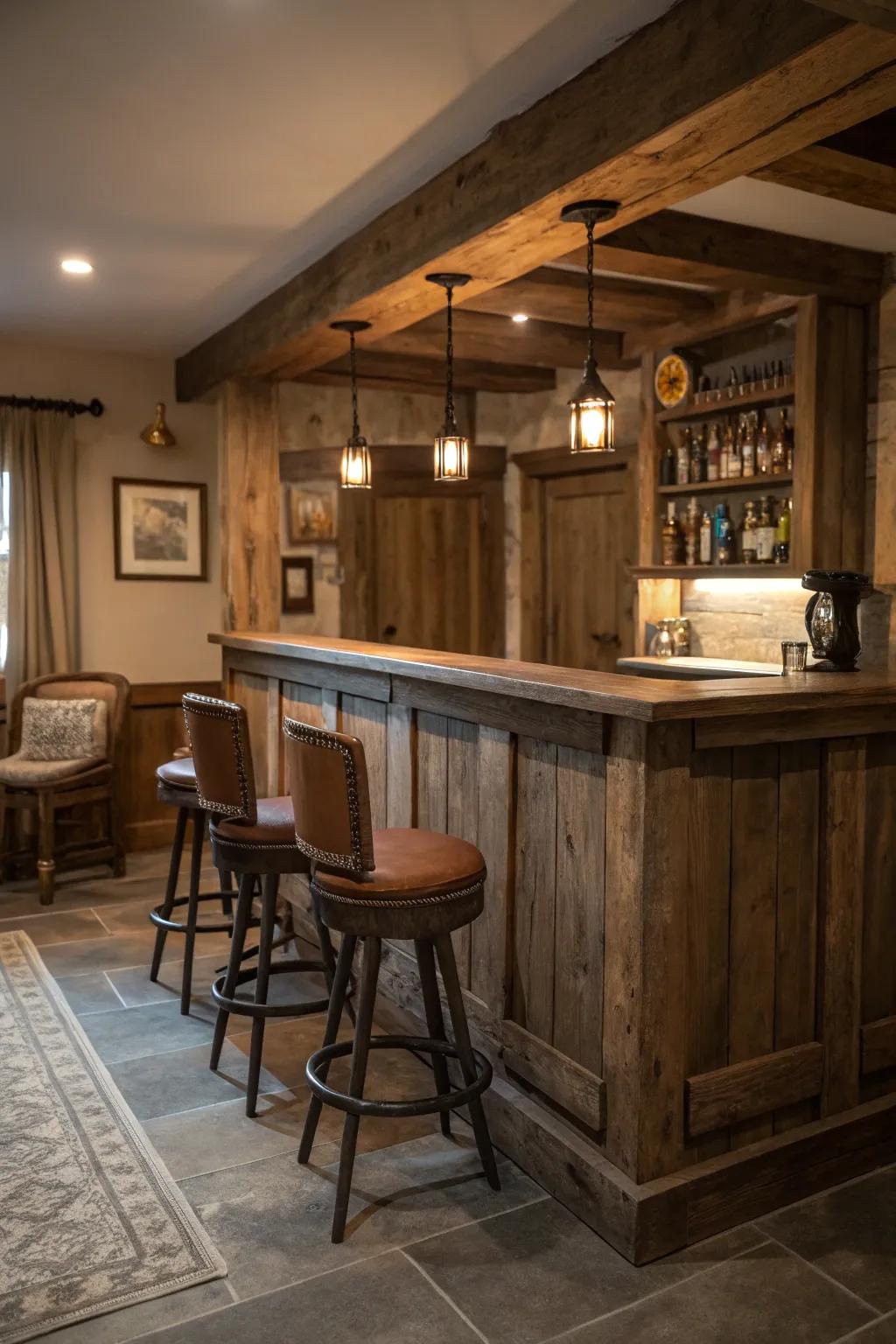 A warm and welcoming bar clad in repurposed wood with vintage-style touches.
