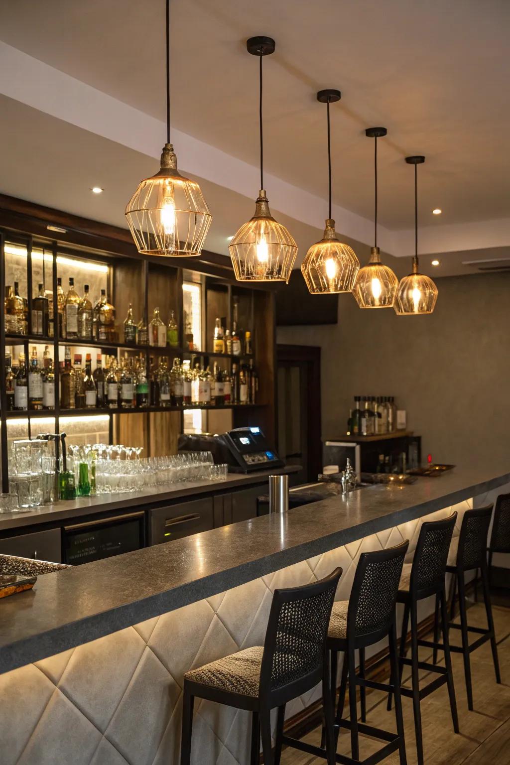 Pendant lights hanging above the bar infuse a cozy and fashionable element.