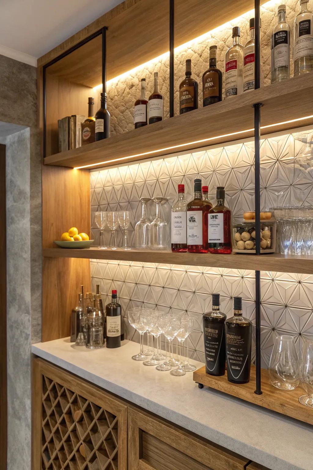 Visible shelving offers both style and access at your bar.