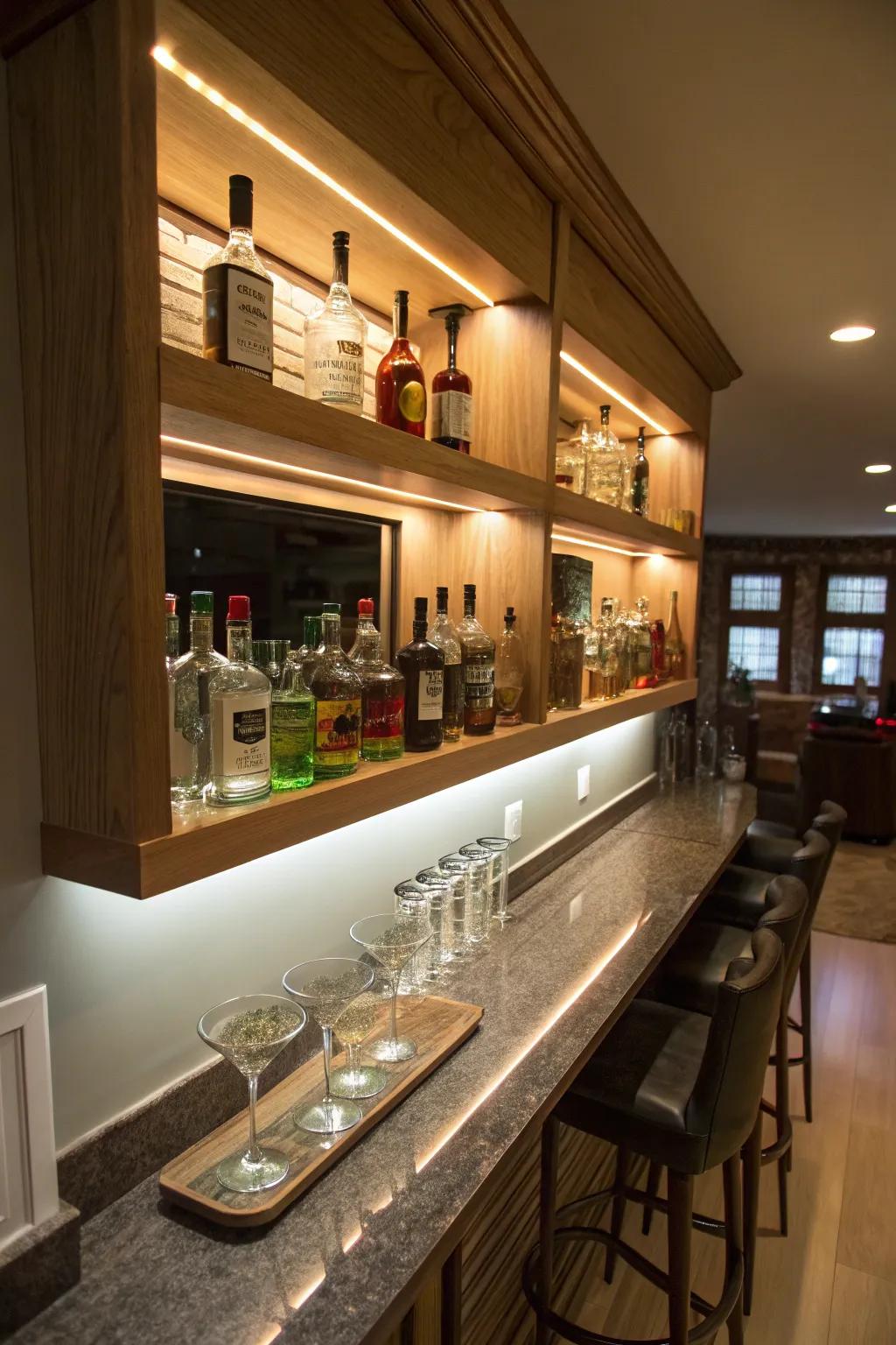 Sophisticated floating shelves equipped with LED lighting, ideal for a modern home bar.