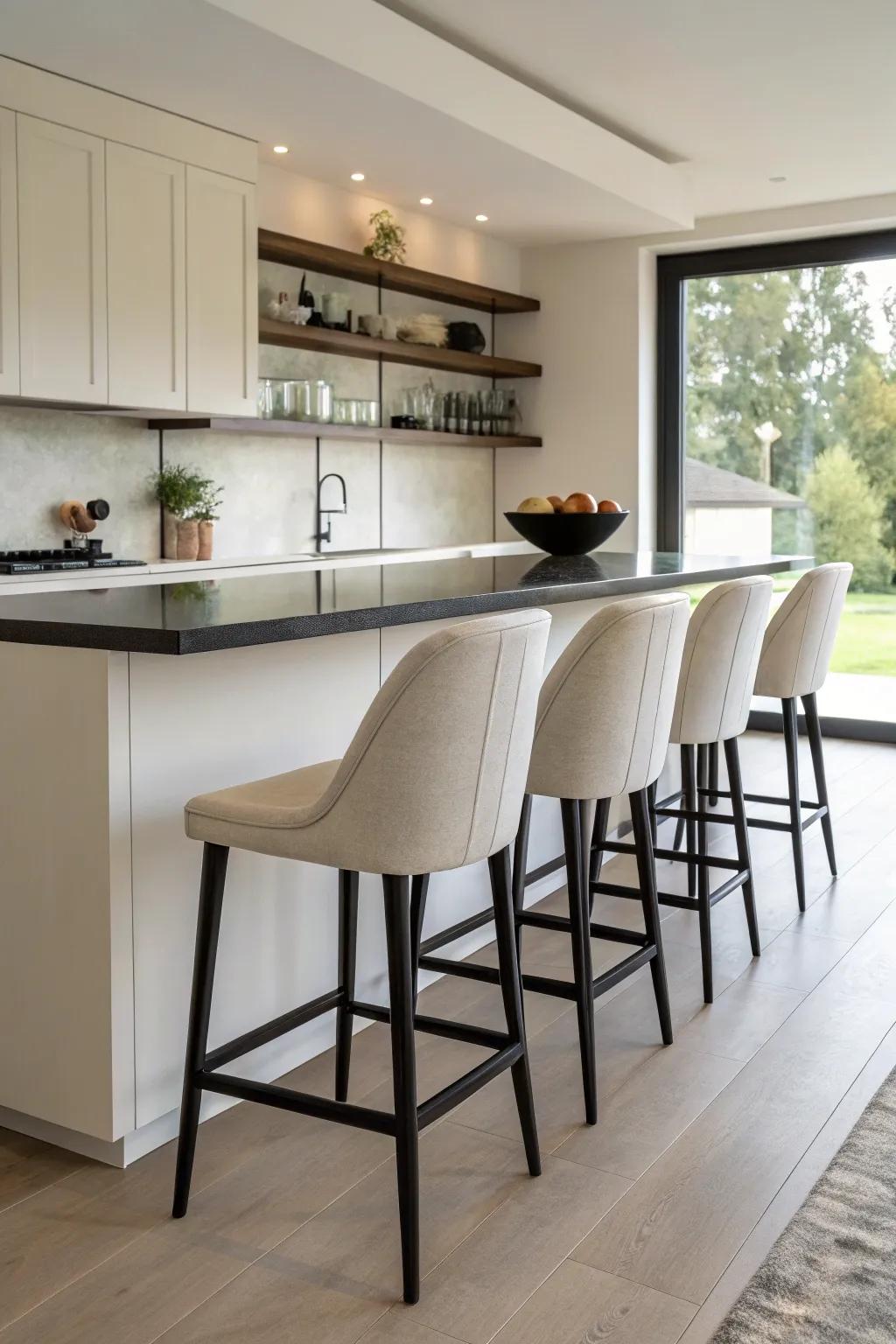 Elegant, modern bar stools featuring backs for a minimalist impression.