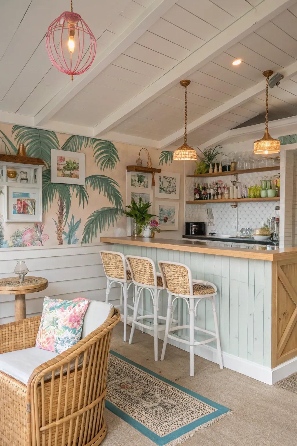 Design a seaside tropical getaway using soft colors and cane details.