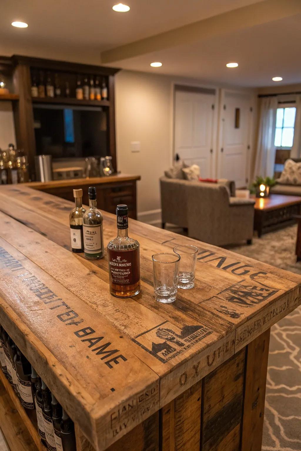 A reclaimed wood bar top infuses charm and individuality.