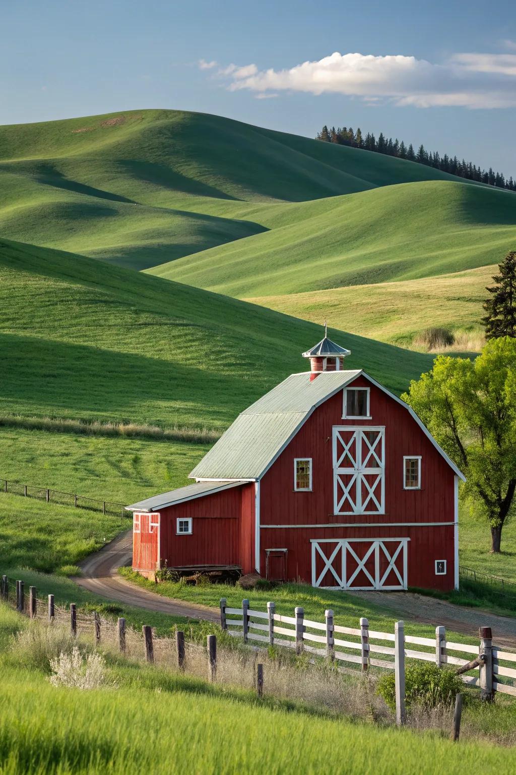 A traditional red barn accented with white, harmoniously integrated into its natural environment.