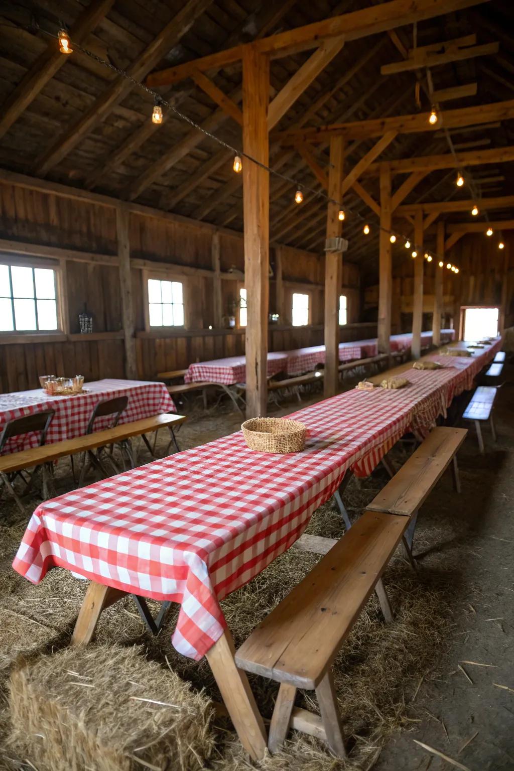 Checkered tablecloths add rustic charm to any barn setting.