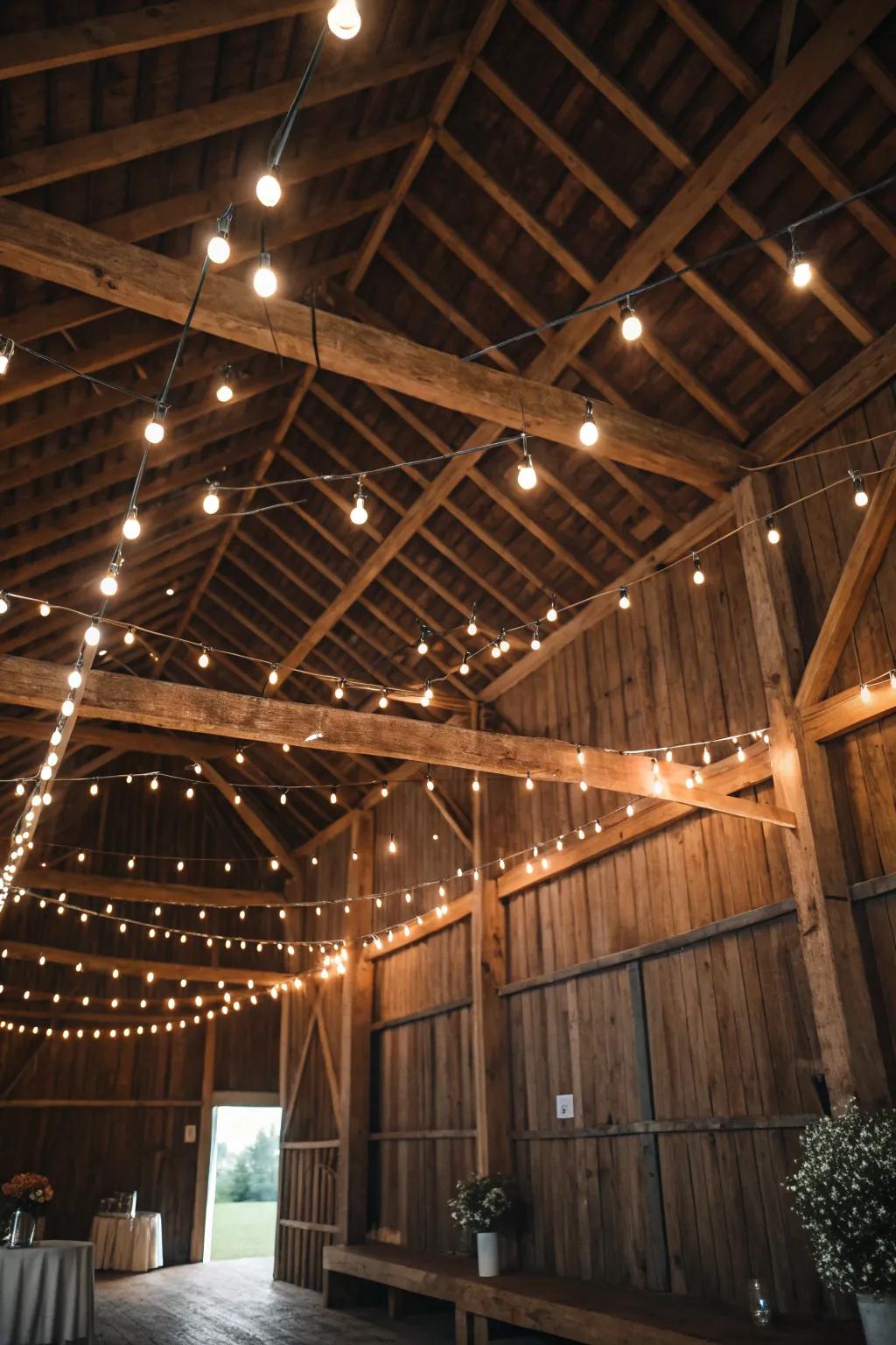 Linked illumination enriches barn interiors with a cozy glow.