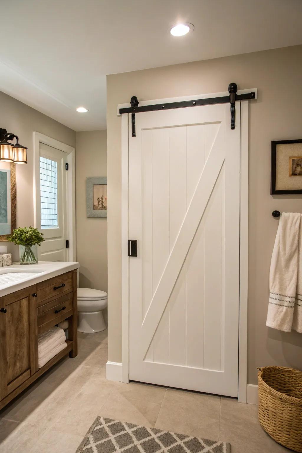 Classic white barn door amplifies the sense of space in a snug bathroom.