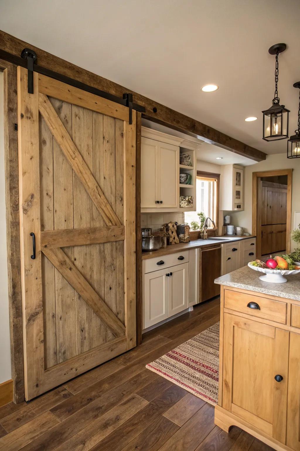 A rustic-style kitchen featuring a natural wood sliding barn door pantry.
