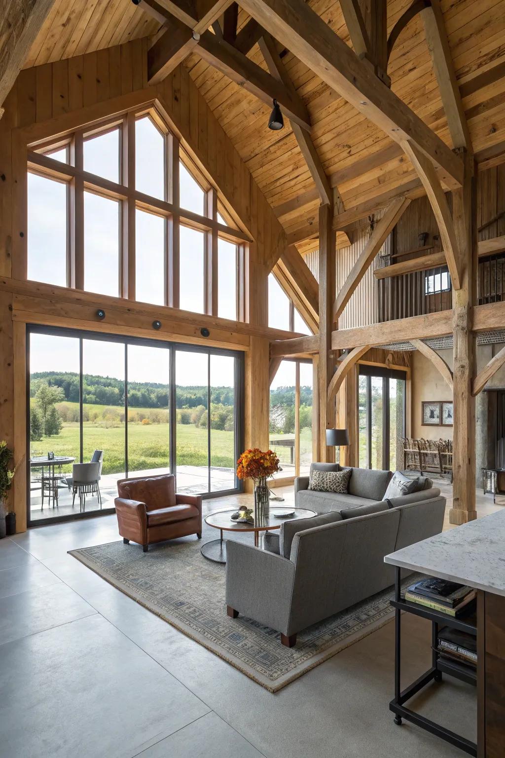 An open-concept interior showcasing rustic beams and contemporary decor.