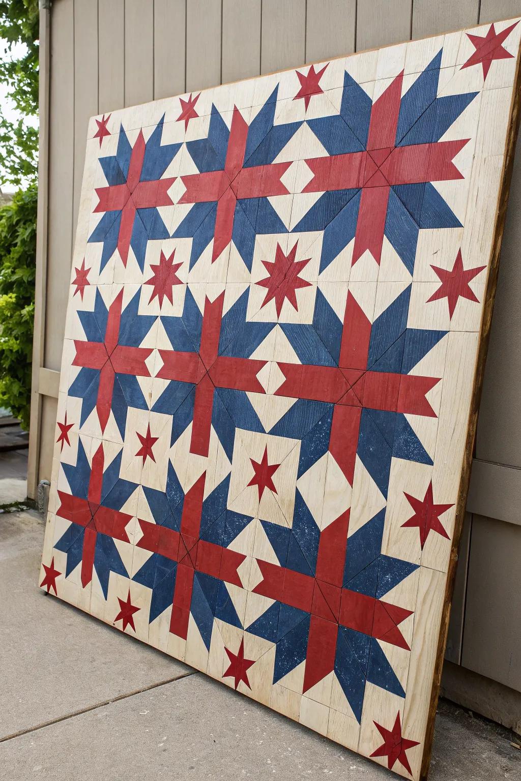 Classic star quilt design displayed on a wood panel.