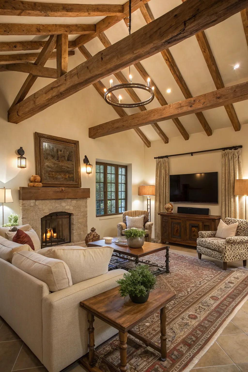 Exposed wood supports bring warmth and character to the room