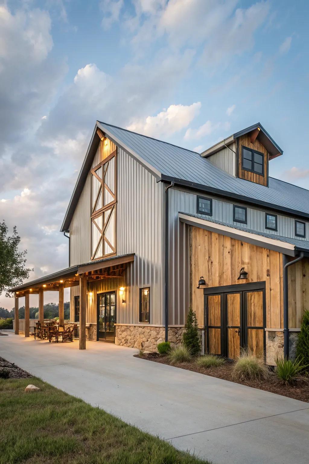 A harmonious blend of countryside wood and sleek steel crafts a striking barndominium facade.