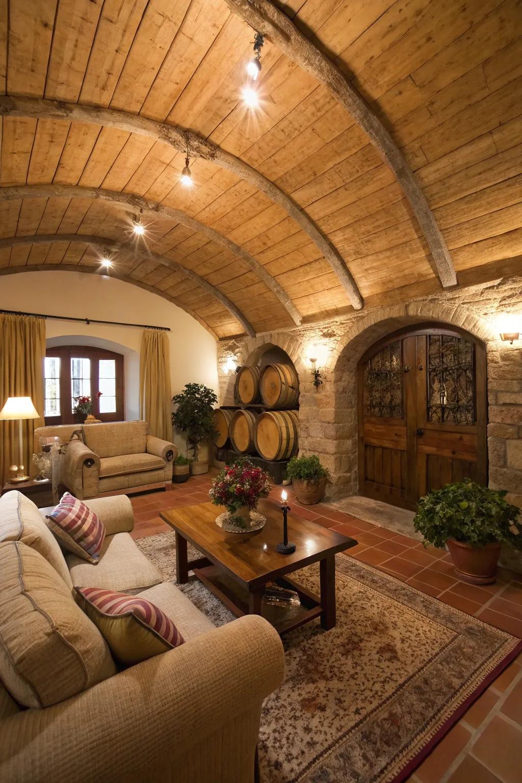 A welcoming living room featuring a wood vaulted ceiling for a warm atmosphere.
