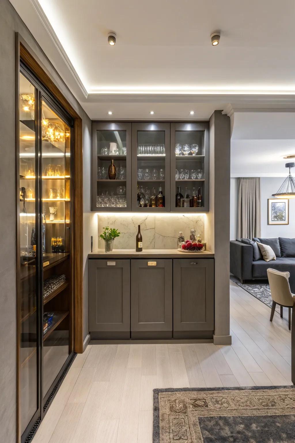 A polished built-in bar maximizing space and style in a comfortable apartment.