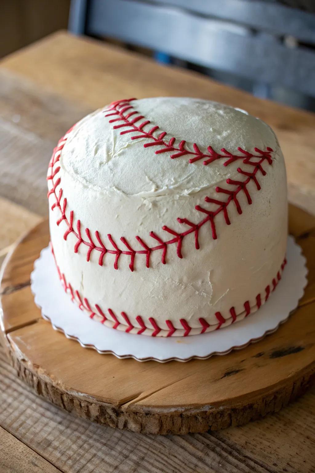 A traditional baseball cake featuring recognizable stitch detailing.