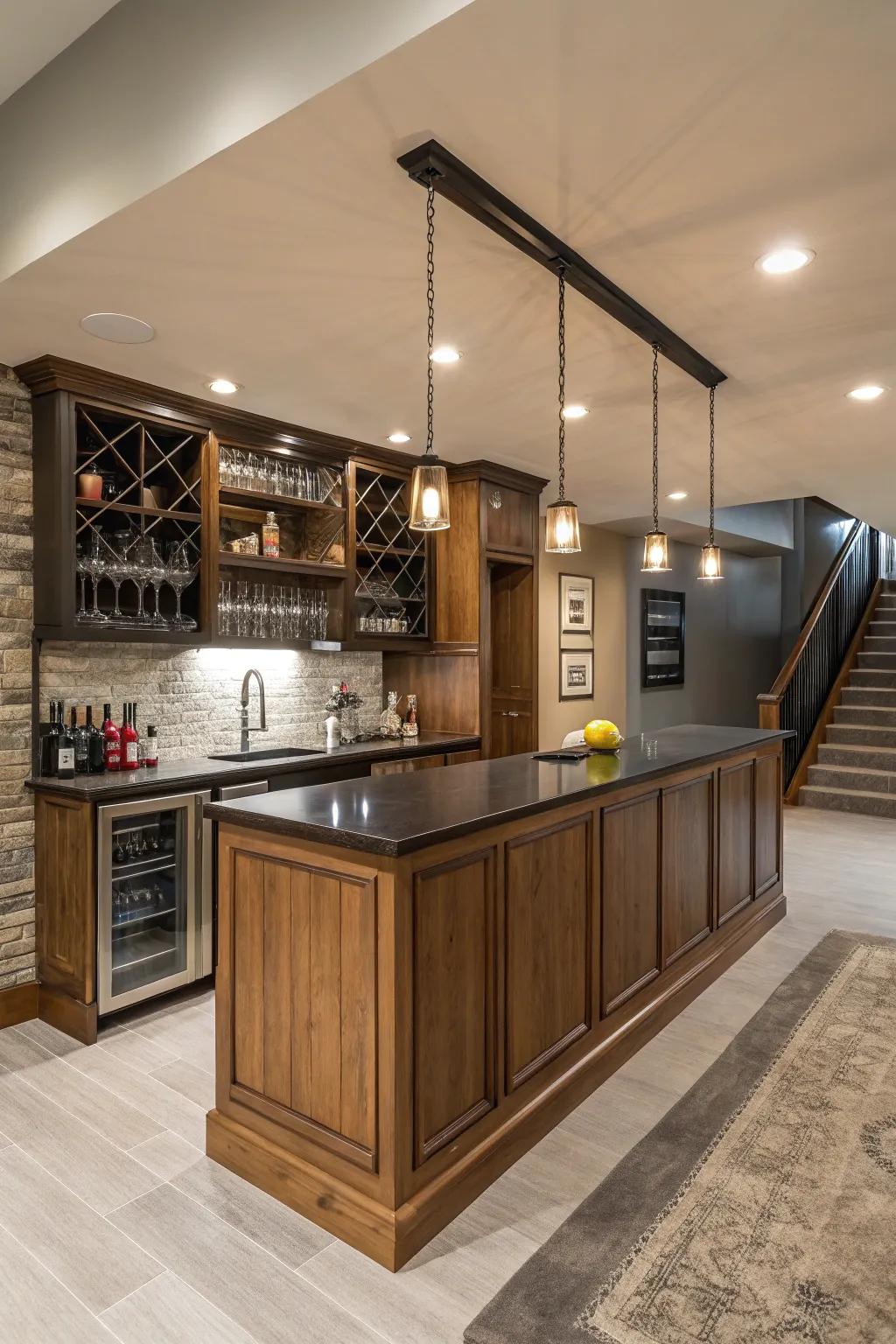 A modern basement bar with timber and alloy elements for a sophisticated look.