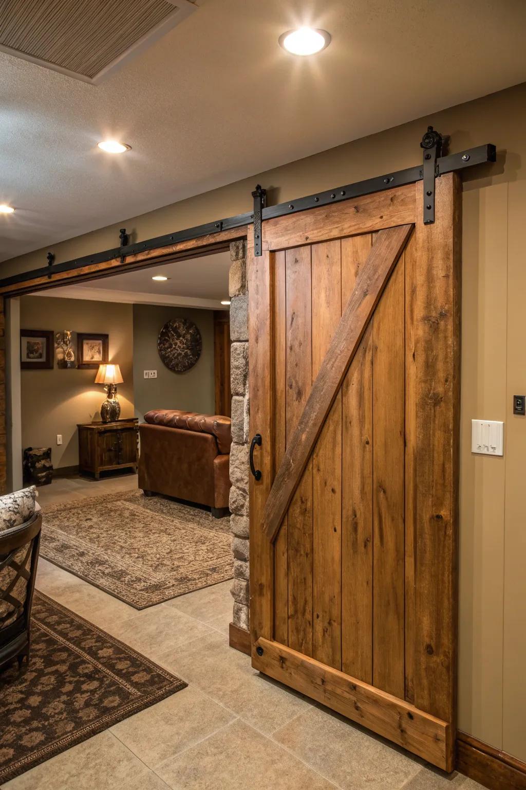 A rustic sliding shed door offers both appeal and space efficiency in the basement.