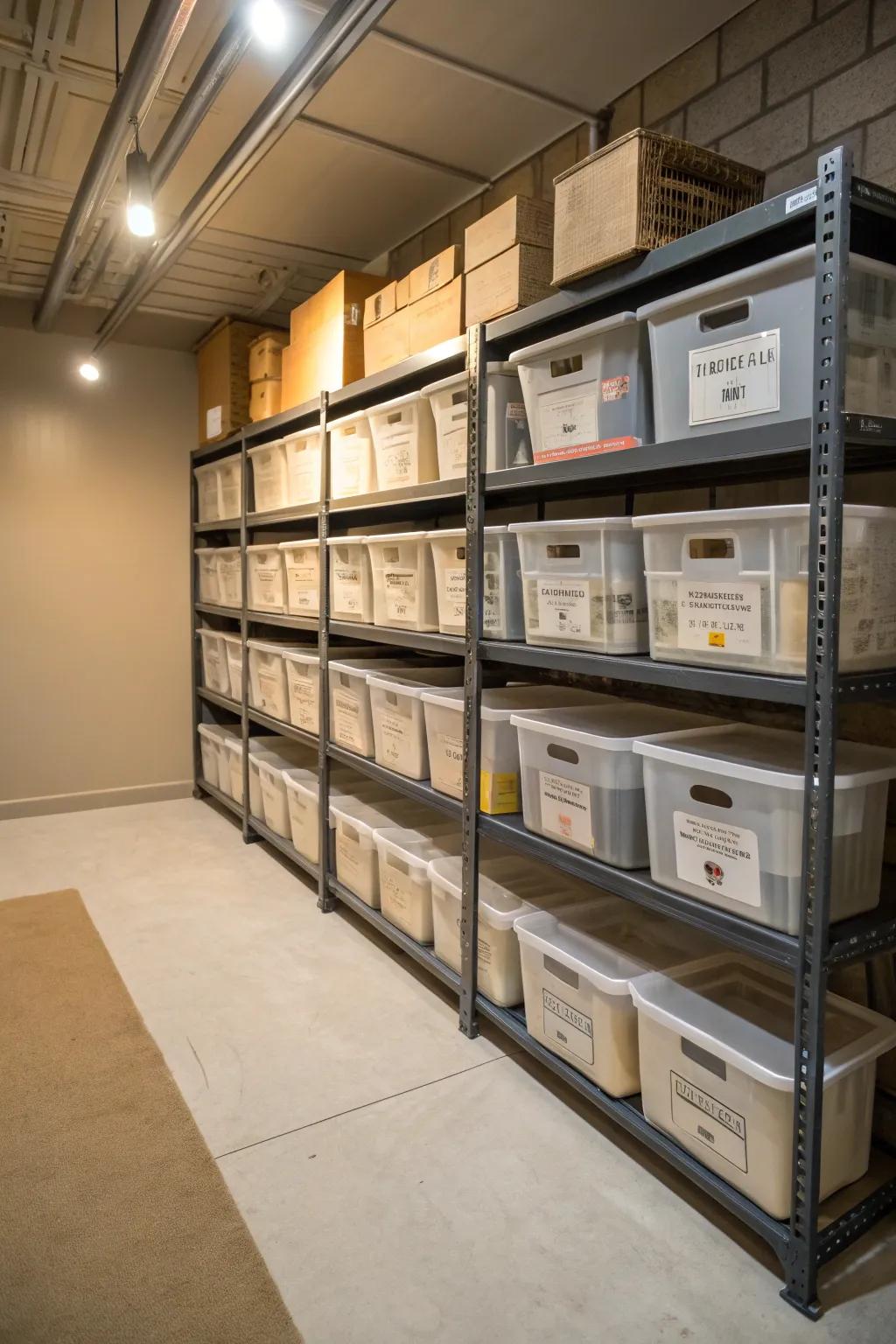 High shelving units maximize vertical storage in the cellar.