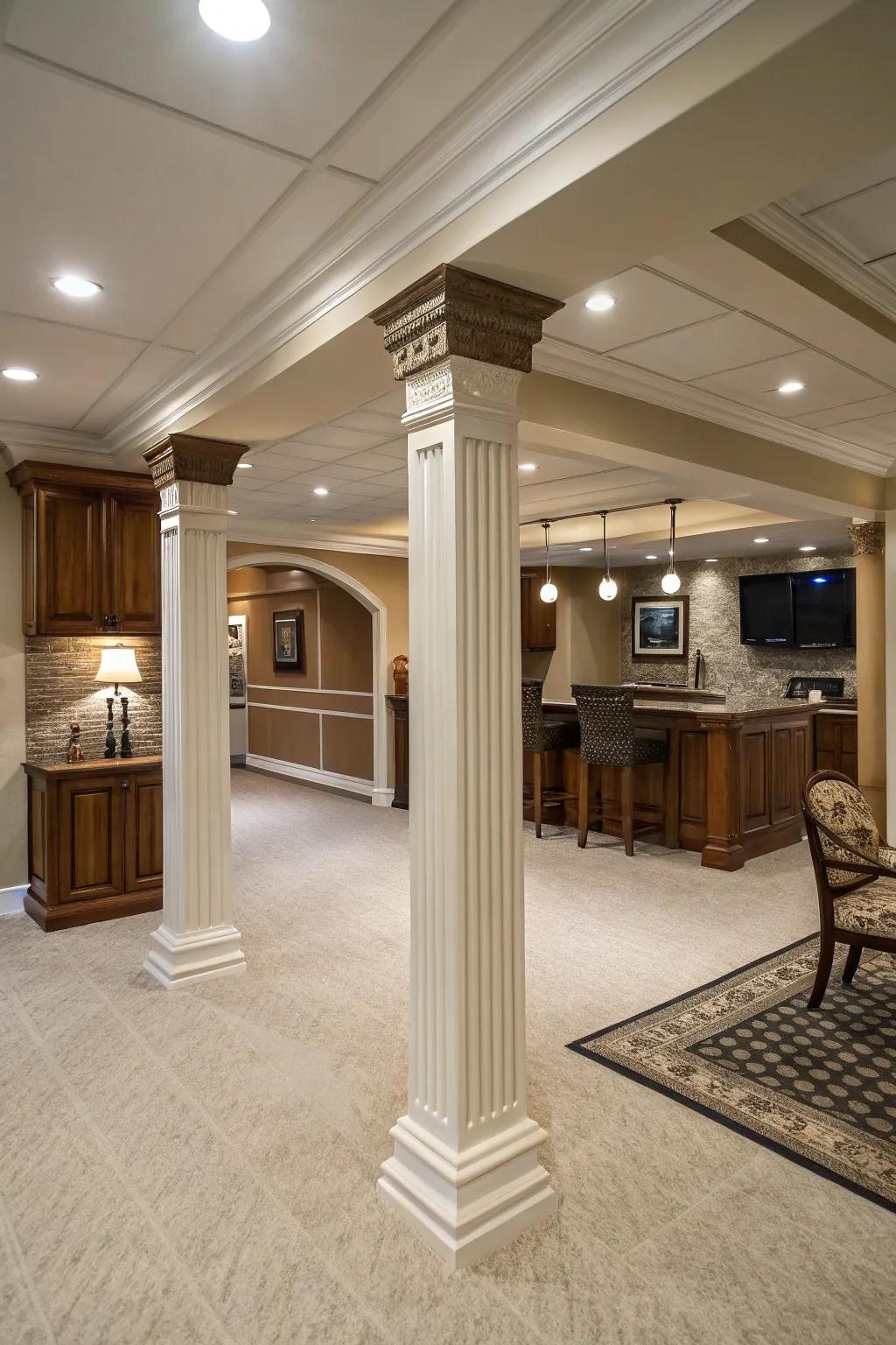 Beautiful decorative columns replace standard basement poles.