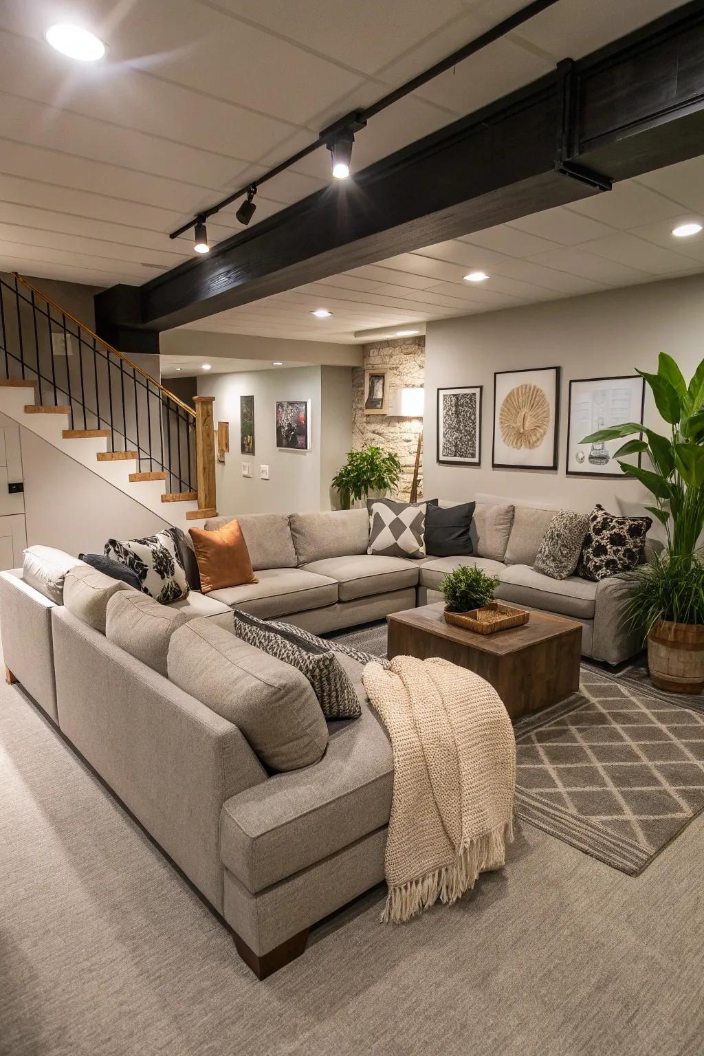 An open basement designed as an expansive lounge area.