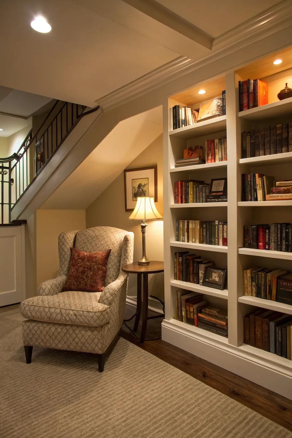 A serene reading nook situated in a basement, complete with built-in shelves and inviting lighting.