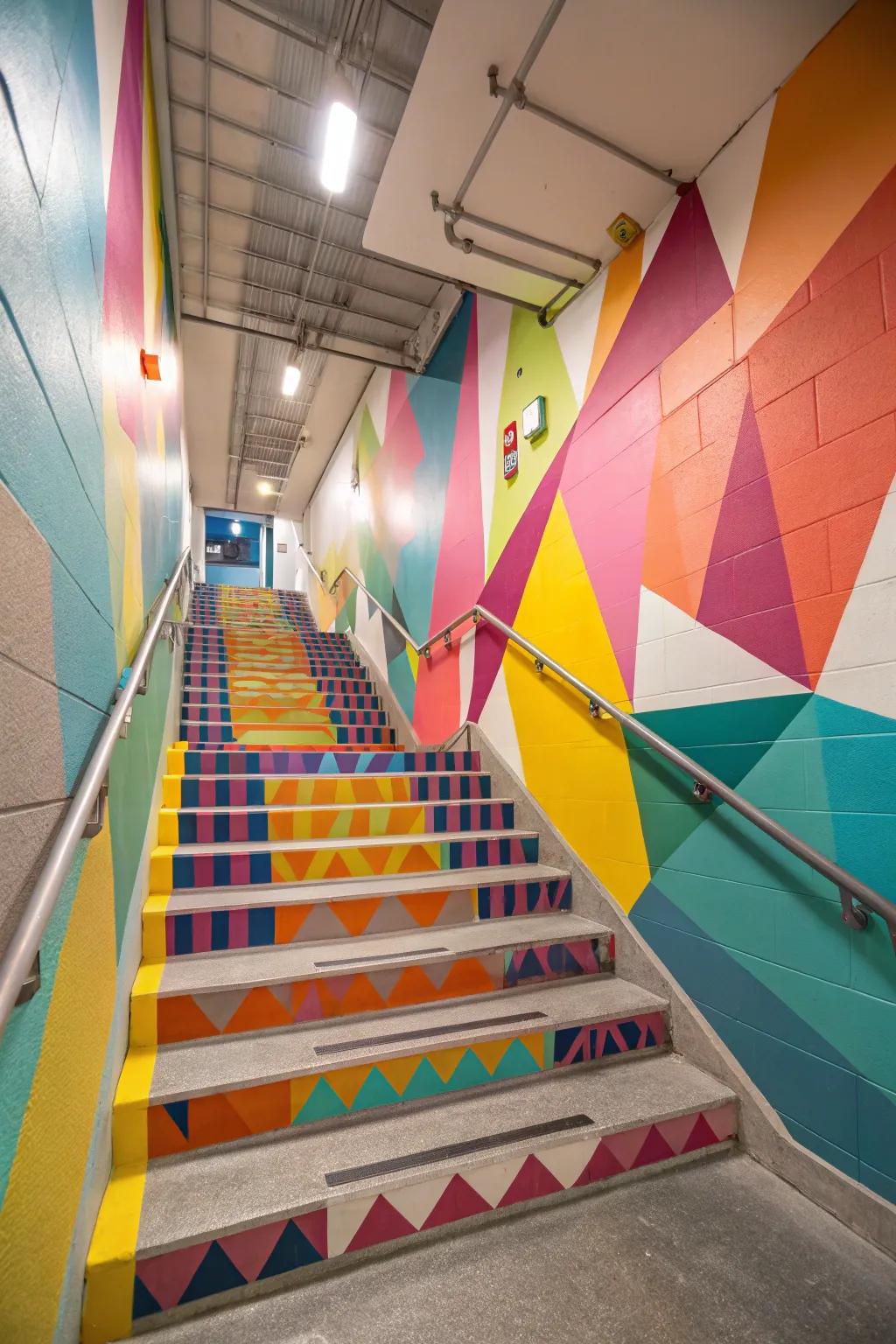 Colorful painted steps bring an energetic vibe to the basement.