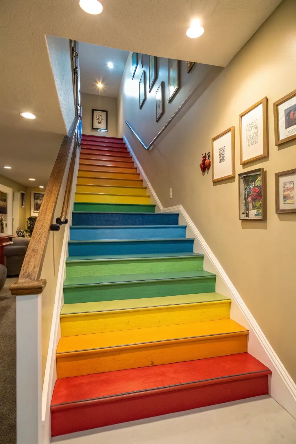 Infuse a burst of color into your basement stairs with vibrantly painted risers.